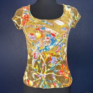 Charlotte Tarantola Multicolor Floral Beaded Sequin Cap Sleeve Top, Size Medium